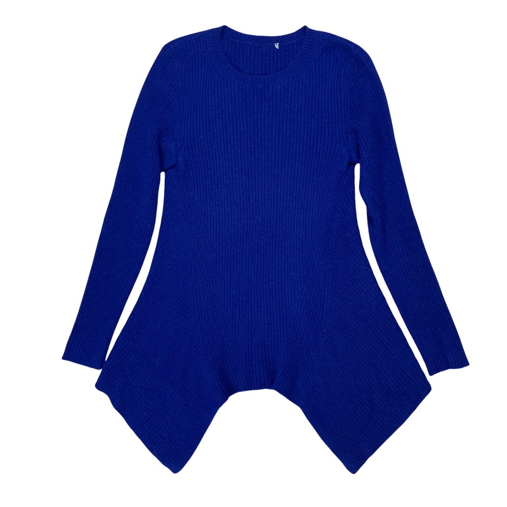 S 100% Cashmere Ribbed Sharkbite Hem Sweater Royal Blue Long Sleeve Crew Neck